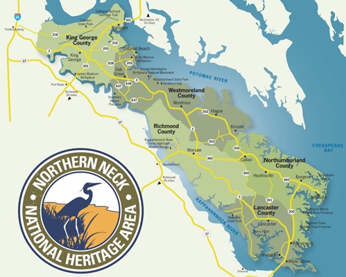 Map of the Northern Neck National Heritage Area with the NNK NHA Logo